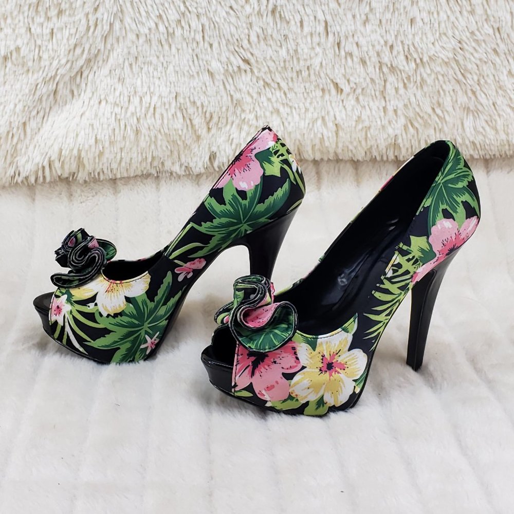 Tropical Floral Open Toe Ruffle Detail Platform Pumps Shoes - Picture 9 of 14